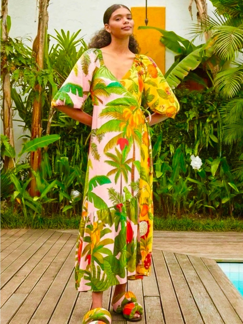FARM Rio Mixed Prints Midi Wrap Dress Tropical Print